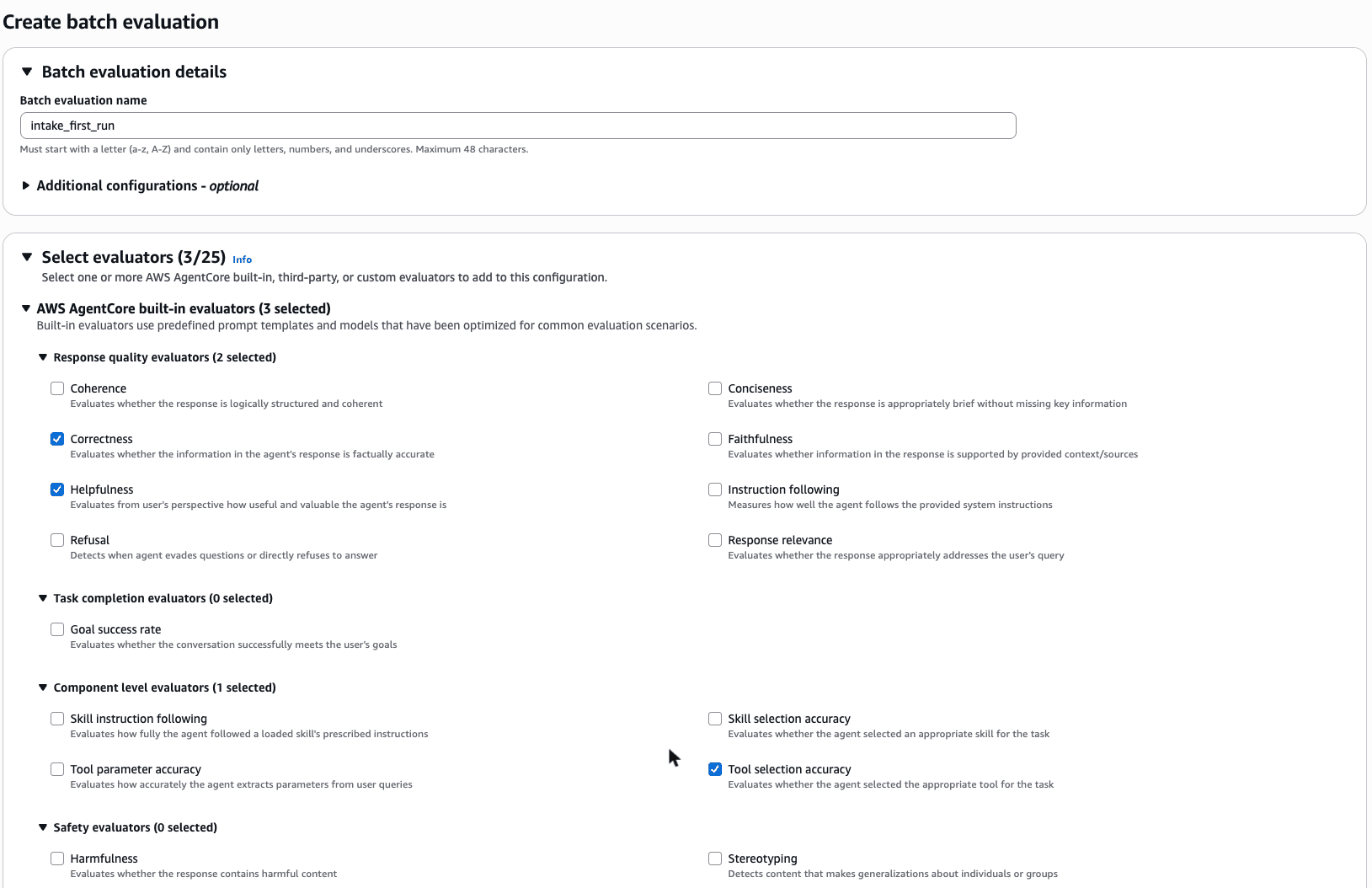 Create batch evaluation with Correctness, Helpfulness and Tool selection accuracy ticked