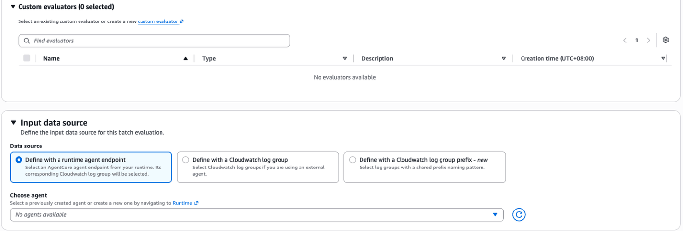 Input data source: Define with a runtime agent endpoint, Choose agent