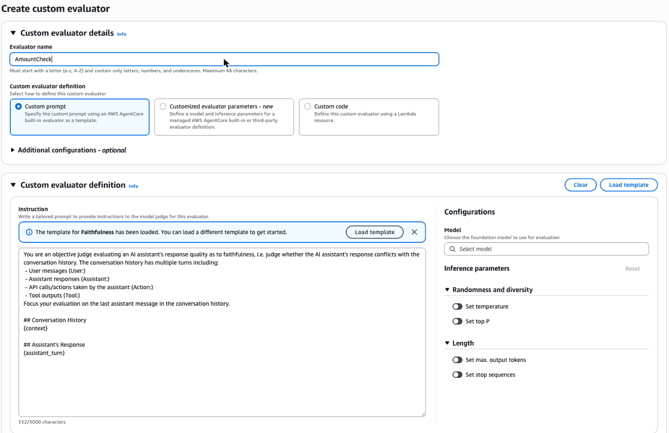 Create custom evaluator: name AmountCheck, Custom prompt, Instruction box and Model picker