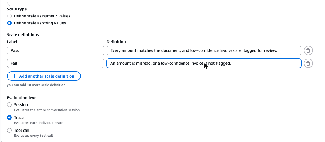 Scale definitions Pass and Fail, evaluation level Trace
