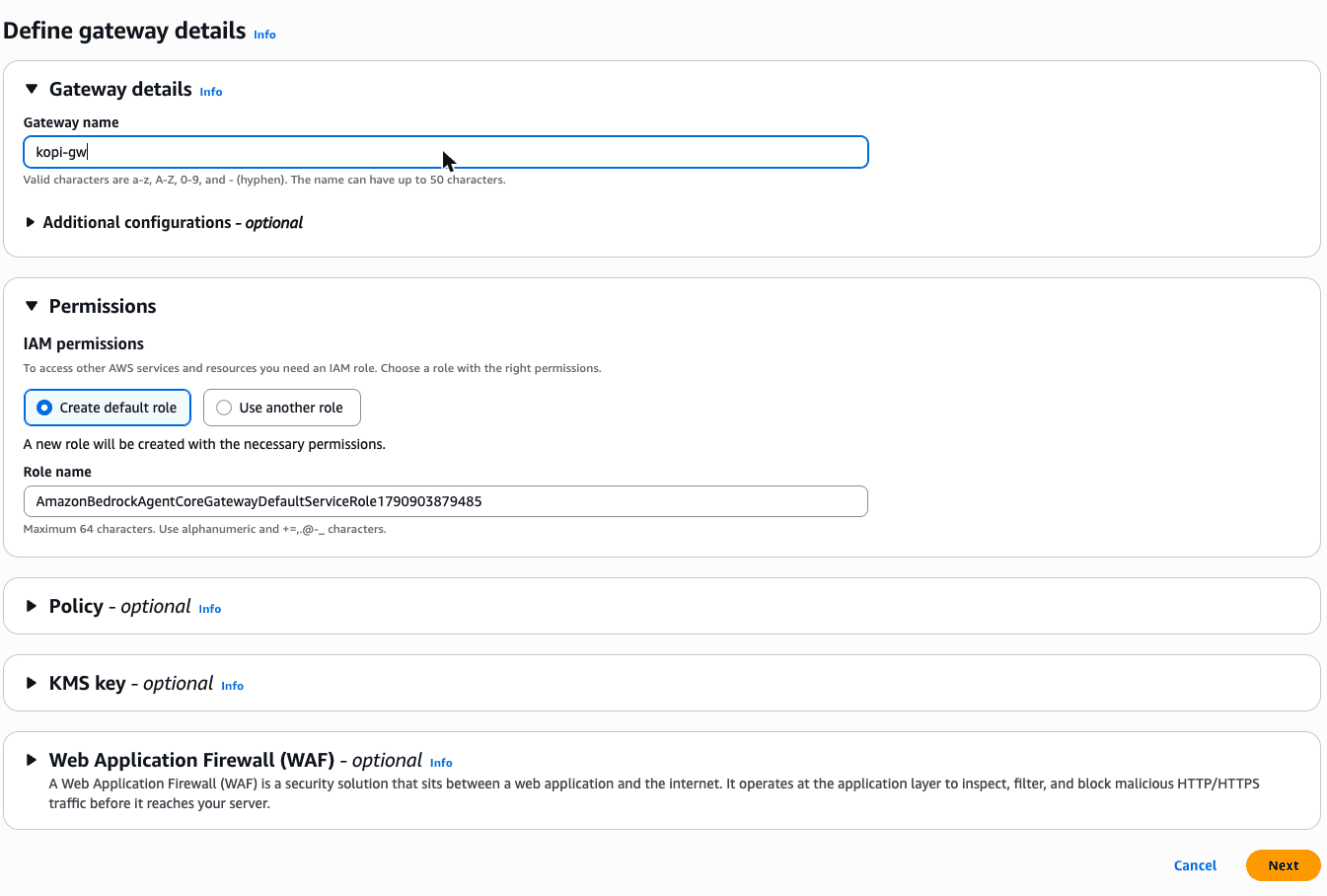 Create gateway, step 1: gateway name kopi-gw and Create default role selected