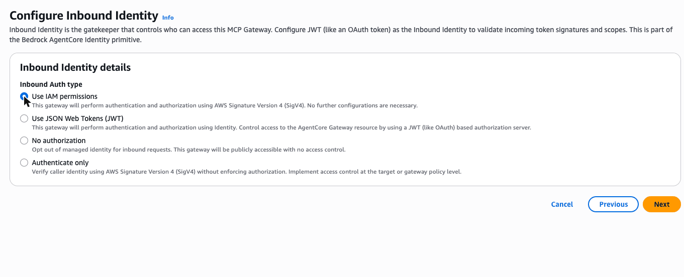 Create gateway, step 2: Use IAM permissions selected