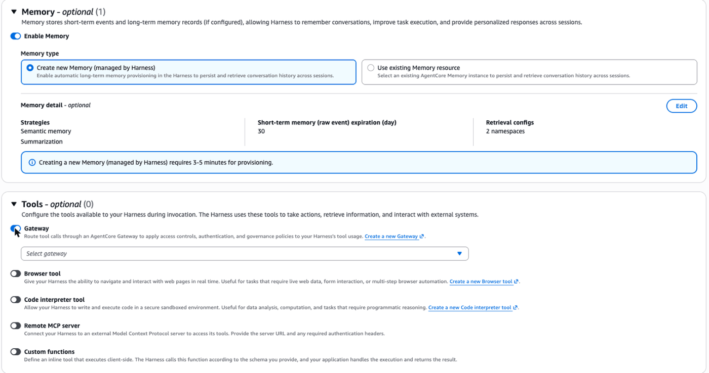 Create Harness: managed memory enabled, Gateway tool switched on