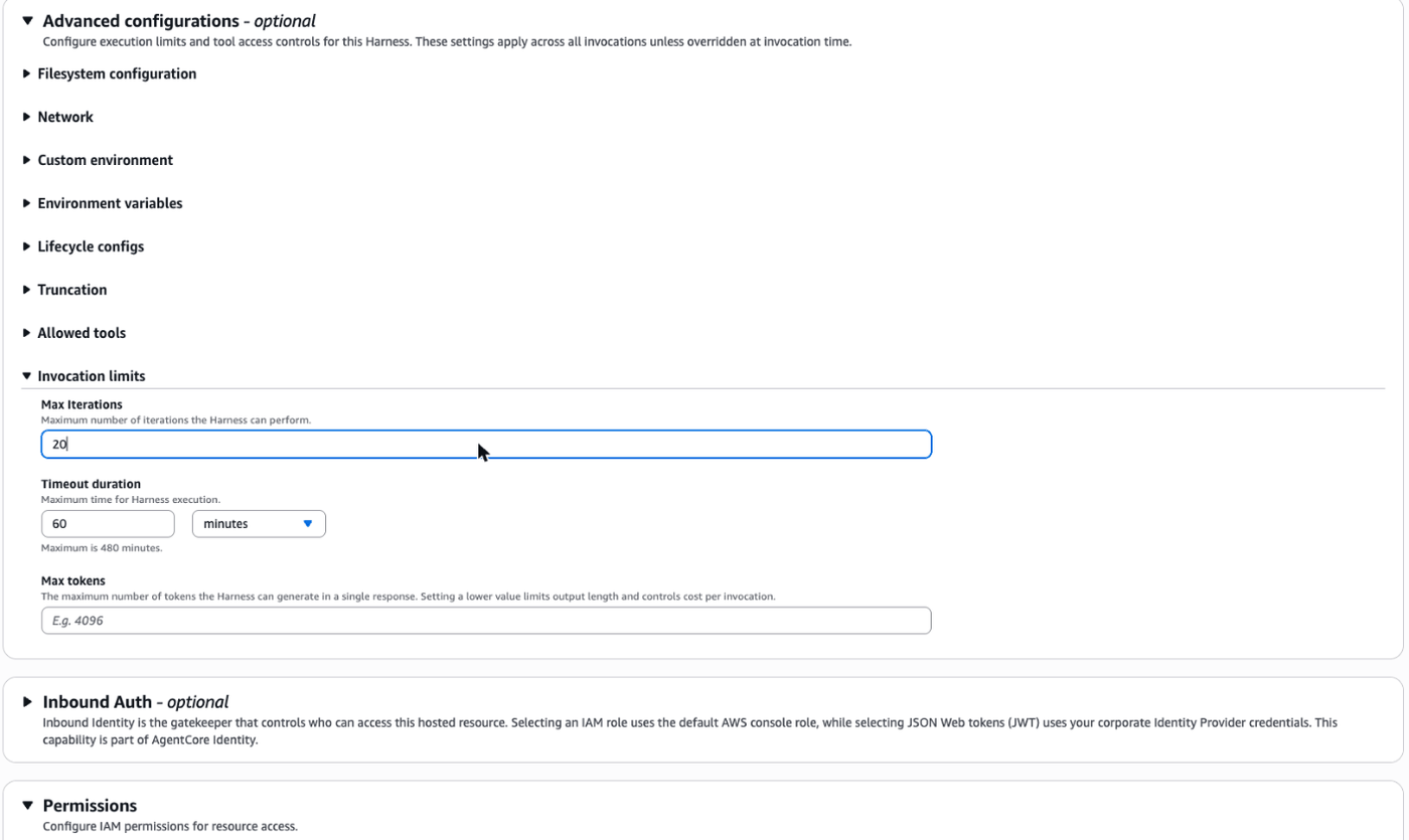 Create Harness: Invocation limits, Max Iterations 20