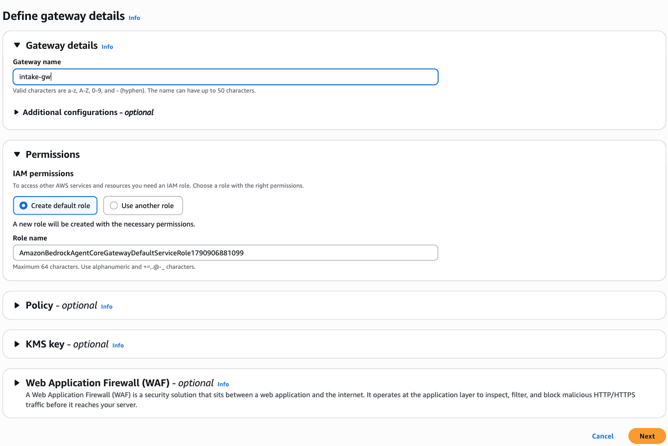 Create gateway, step 1: gateway name intake-gw and Create default role selected