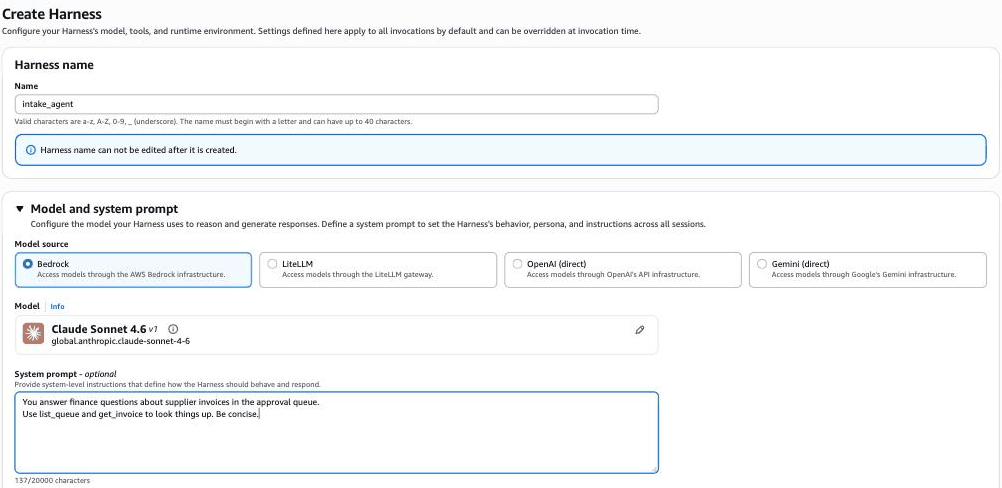 Create Harness: name intake_agent, Claude Sonnet 4.6, Intake system prompt