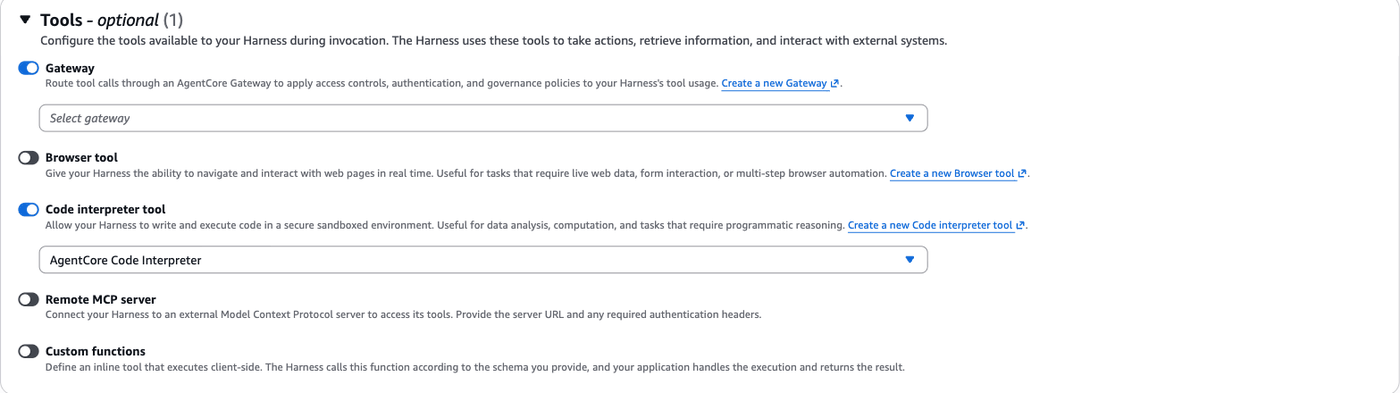 Tools section with Gateway and Code interpreter tool switched on, AgentCore Code Interpreter selected