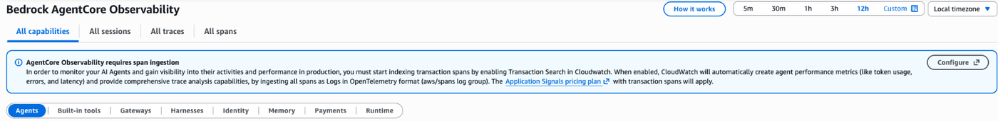 CloudWatch Bedrock AgentCore Observability with Agents selected