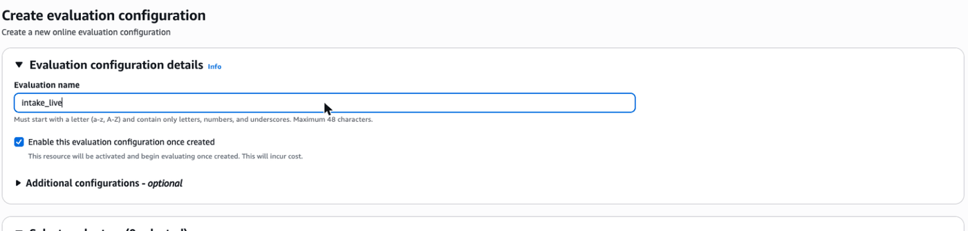 Create evaluation configuration: name intake_live, enable once created ticked