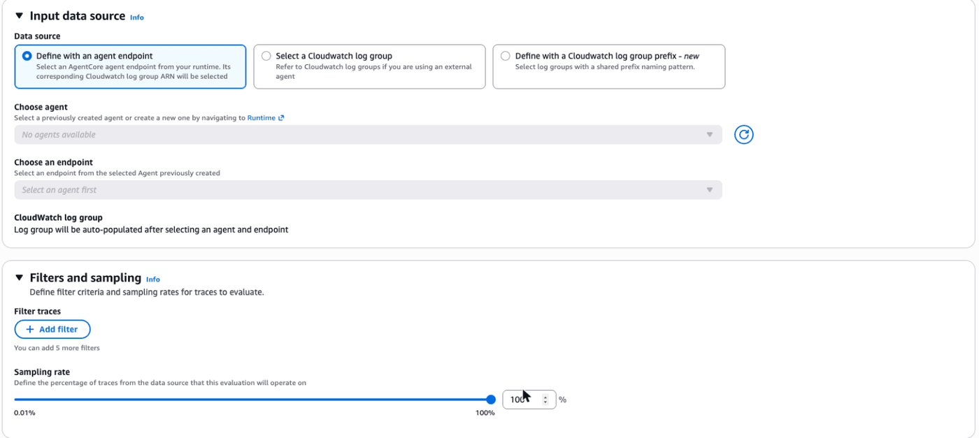 Input data source with agent endpoint, Sampling rate 100 percent