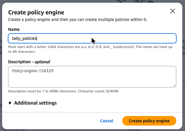 Create policy engine dialog with the name tally_policies